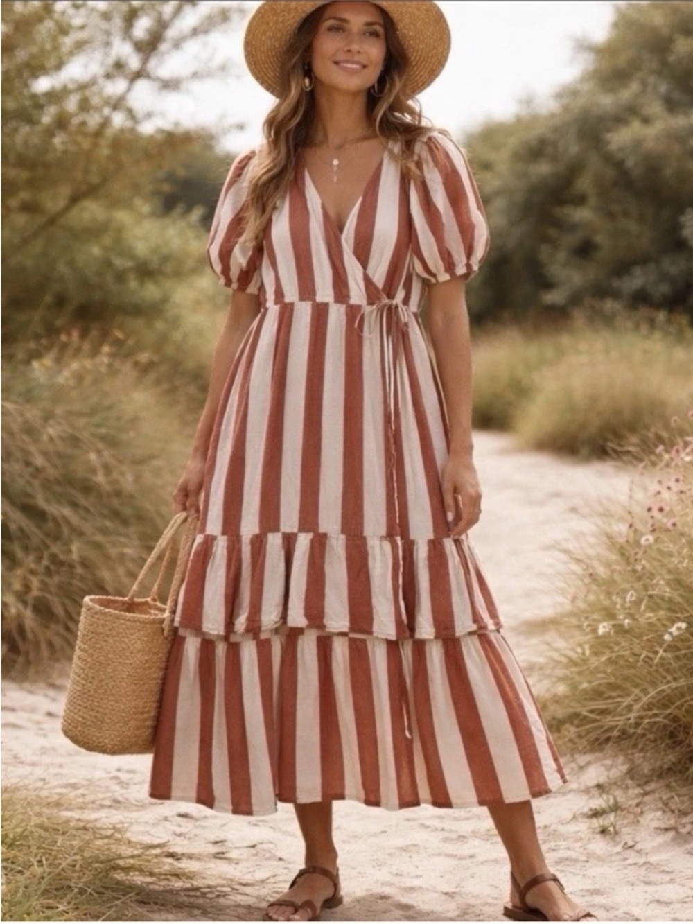Knox Rose Striped Puff-Sleeve Wrap Midi Dress in Rust and White